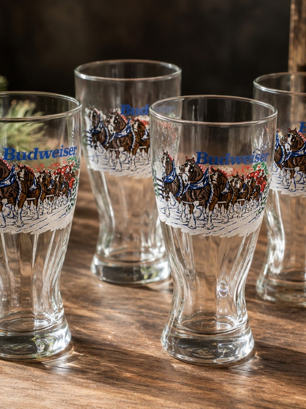 Budweiser Clydesdales Pilsner Glasses Set 4 Vintage 1995 Christmas Holiday Bar